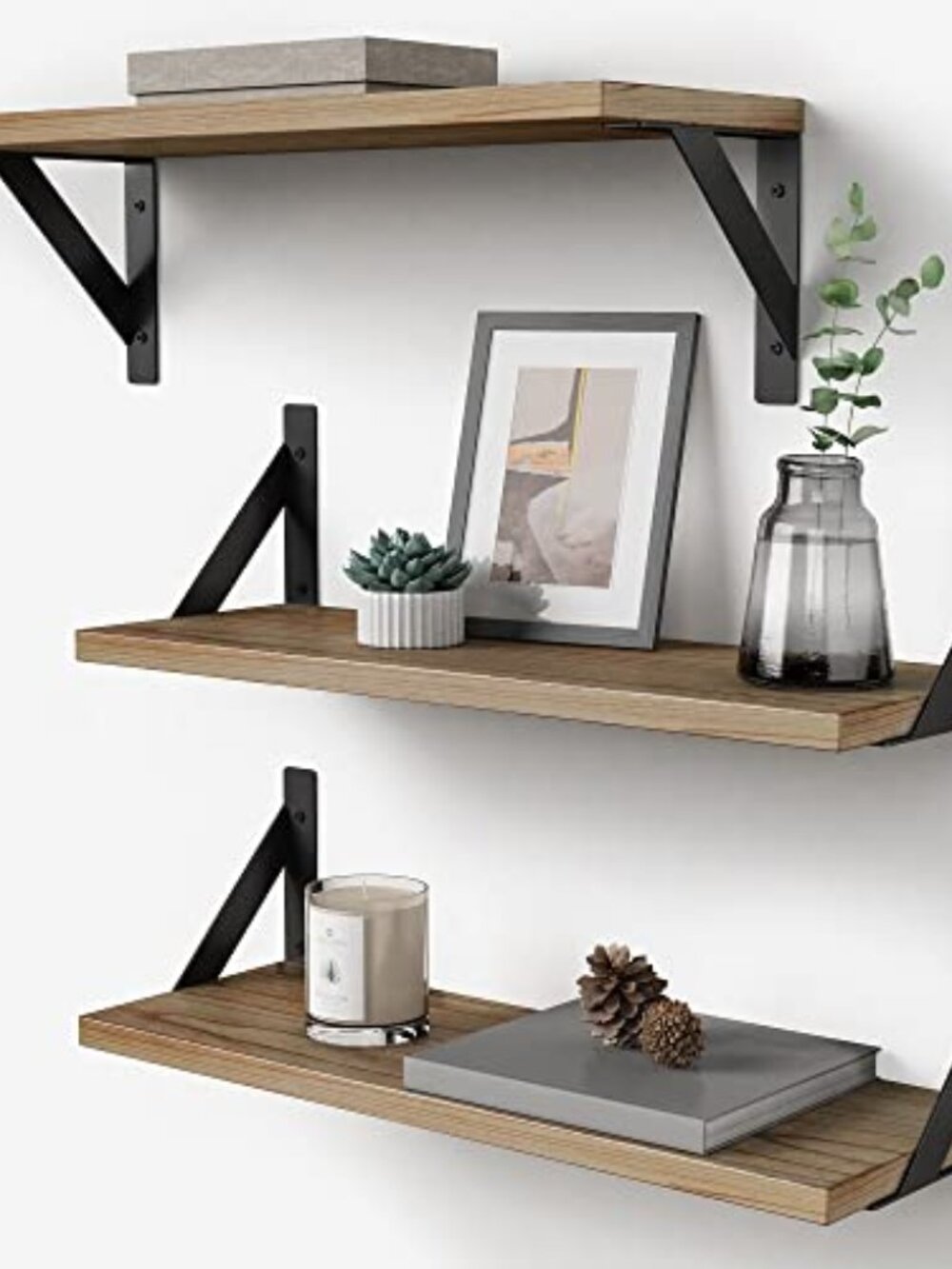 New Floating Shelves with Black Metal Brackets Set of 3, Light Wood Wall Bookshe